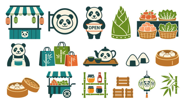 Flat Vector Illustration Set of Cute Panda Mascots, Asian Food, and Chinese Market Elements