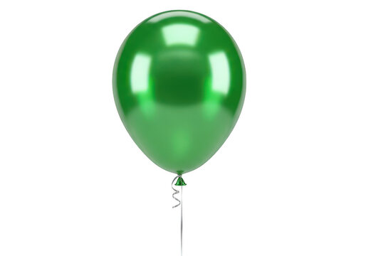 A single glossy green balloon with a white ribbon string isolated on a solid black background, for party and, celebration concepts, and events