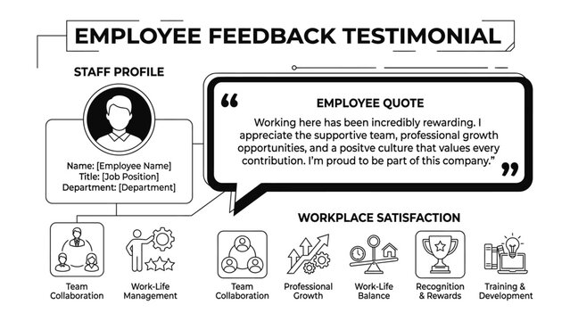Employee feedback testimonial infographic with staff profile and workplace satisfaction icons.