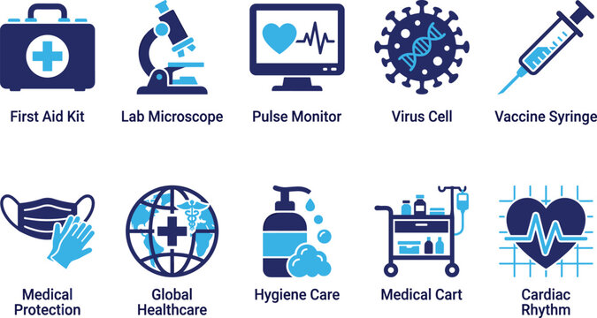 Medical healthcare icons including first aid kit microscope pulse monitor virus vaccine and hygiene care.