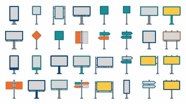 Outdoor signage and billboard icons for advertising and street direction displays.
