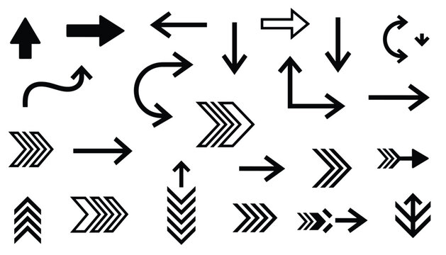 Diverse collection of clean black arrow icons displaying various directions, shapes, and styles on a plain white background.