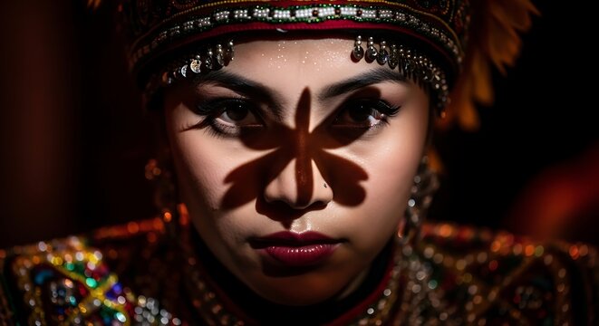 Close-Up Portrait of Woman with Traditional Face Paint and Jewelry.