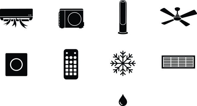 Air conditioning and climate control solid glyph icon set featuring split system AC outdoor unit tower fan ceiling fan remote control thermostat and snowflake vectors