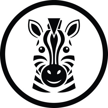 Minimalist circular logo featuring a striking black and white vector portrait of a stylized zebra face, representing safari and wildlife.