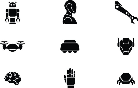 Artificial intelligence and robotics engineering solid glyph icon set featuring humanoid robot drone android head mechanical arm bionic hand cybernetic brain and spider bot vectors
