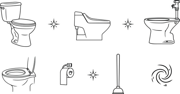 Bathroom toilet and plumbing equipment line icon set featuring ceramic commode bidet toilet paper roll plunger water flush swirl and sparkle vectors