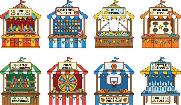 Carnival Game Booth Icon Set with Funfair Stalls Amusement Park and Festival Activities