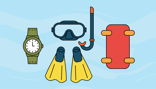 Colorful set of snorkeling and diving equipment including a snorkel mask, yellow fins, a red bodyboard, and a sports watch.