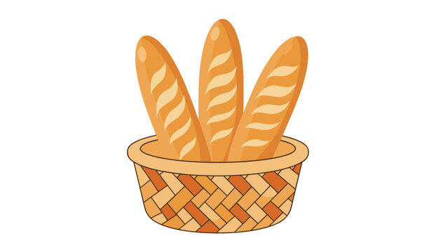 Beautiful illustration of three fresh golden baguettes resting inside a rustic woven bread basket on a white background.