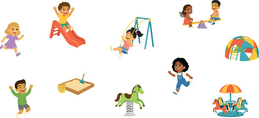 Children playing on playground vector illustration set with kids on slide swing seesaw sandbox and carousel isolated on white background © KHATUN