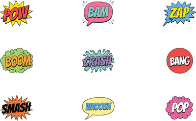 Comic book sound effects bubble vector illustration set with pop art onomatopoeia expressions like pow boom and crash isolated on white © KHATUN