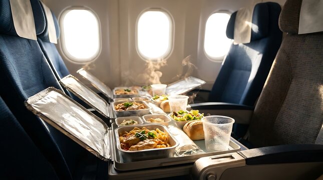 Inflight catering service on a commercial airplane for passenger comfort and long-haul travel nutrition
