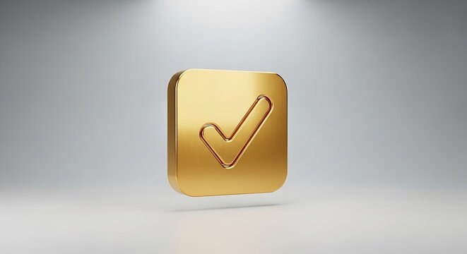 Golden Checkmark Icon 3D Render on White Background.