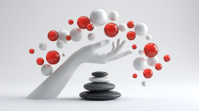 Minimalist 3D conceptual art showing a sleek white hand surrounded by red and white corporate orbs