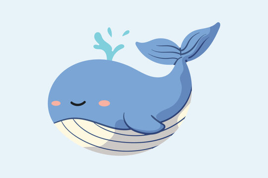 Cute smiling blue whale cartoon character spouting water