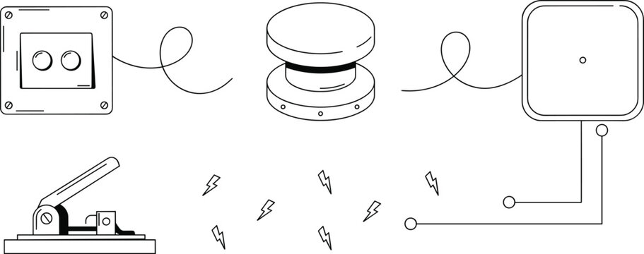 Electrical circuit and electronic components line icon set featuring push button industrial switch lever knife switch wall outlet and power lightning vectors
