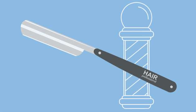 Classic straight razor with a dark handle over a stylized outline of a barber pole on a solid blue background.