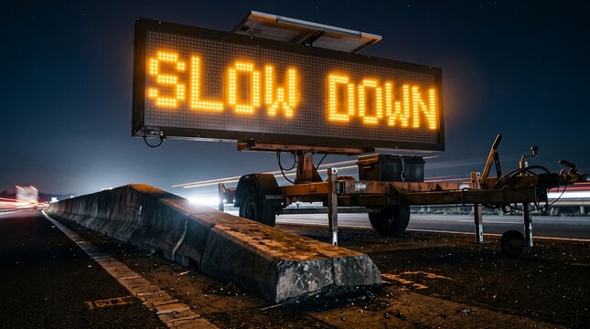 Electronic traffic warning sign on a highway construction zone for road safety and speed regulation