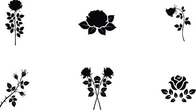 Elegant rose flowers and botanical design elements solid glyph icon set featuring blooming roses stems thorns buds leaves and symmetric floral stencil vectors