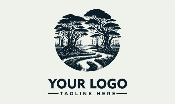 Vintage nature landscape vector. logo. illustration. for 10.eps format featuring trees and river