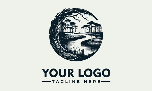 Circular tree and river landscape vector logo illustration