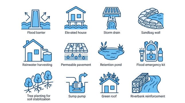 Sustainable urban drainage and flood mitigation line icons.