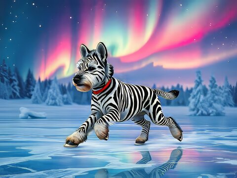 zebra dog running on ice under aurora.