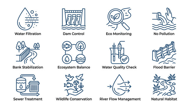 Water filtration and wildlife conservation management icons.