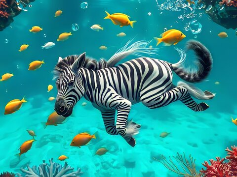 zebra swimming underwater with colorful fish.