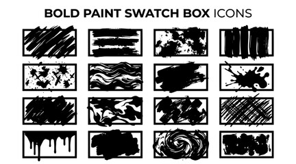 Fototapeta premium A collection of graphic icons featuring bold paint swatches with diverse textures, brush strokes, and splatters.