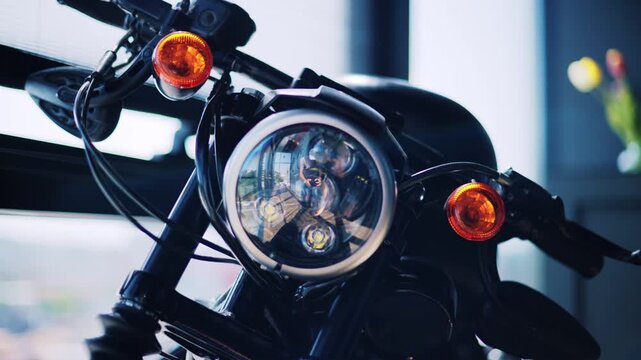 Frontal view of modern motorcycle headlamp with stylish chrome finish and bright led optical design.