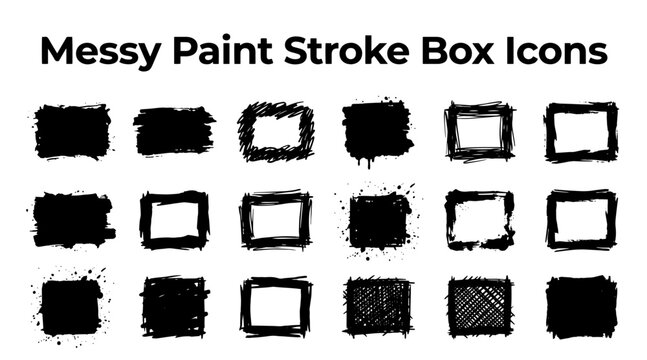 A set of diverse black messy paint stroke square frames and boxes presented on a clean white background.