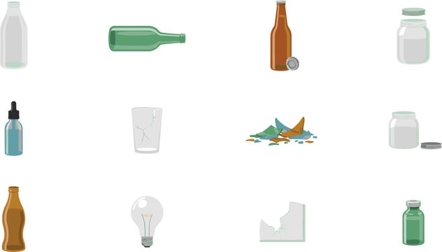 Glass bottles and recycling vector illustration collection with shattered jars lightbulb and dropper vials isolated on a white background for design