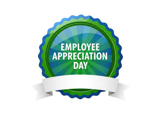 A circular green and blue badge with a scalloped edge and a white ribbon banner underneath for the employee appreciation day celebration event