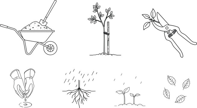 Gardening and planting line art icon set vector illustration with wheelbarrow shears sapling roots sprouts and seeds isolated on white background