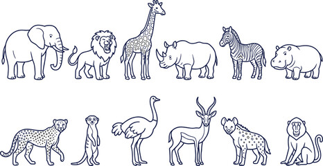 African Safari Wildlife Animal Outline Illustration Set Featuring Elephant Lion Giraffe Rhinoceros Zebra Hippopotamus Cheetah Meerkat Hyena and Antelope Vector Collection © MstSuborna