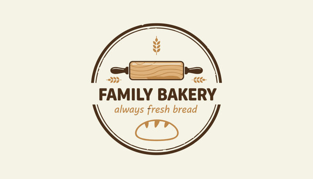 Circular logo for a family bakery featuring a rolling pin, loaf of bread, wheat ears, and vintage style typography.
