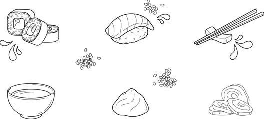 Japanese sushi and asian food line icon set featuring maki rolls nigiri salmon sushi wooden chopsticks soy sauce bowl wasabi ginger and sesame seed vectors © KHATUN