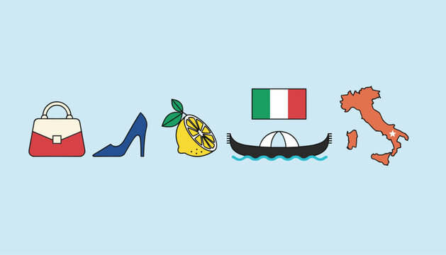 Flat design icons representing Italian culture and travel landmarks including a handbag, high heel shoe, lemon, gondola, flag, and map.