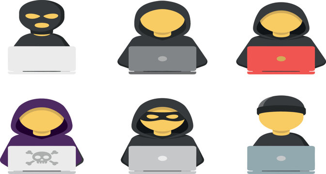 Anonymous Cyber Hacker Avatar Icon Set Featuring Faceless Hooded Thieves, Laptops, Skull Malware Graphic, Balaclava Masks, and Online Scam Vector Elements