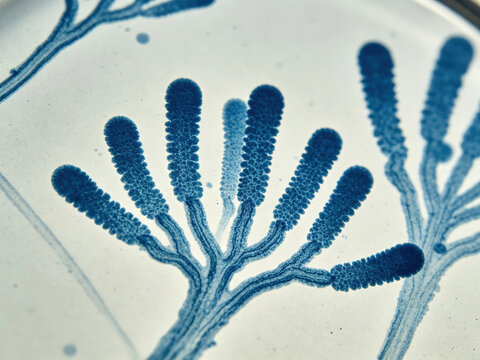 Raw image of *Epidermophyton floccosum* stained with lactophenol cotton blue, showing typical large, club-shaped macroconidia; this fungus is a dermatophyte that causes dermatophytosis.