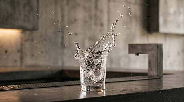 lear Water Splash Inside Glass On Concrete Countertop Industrial Kitchen Background High Speed Action Photography Minimalist Liquid Motion Dynamic Beverage Concept Refreshing Healthy Drinking