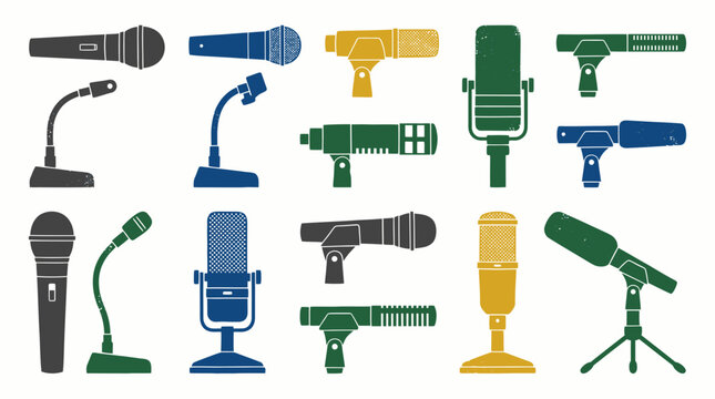 Professional microphone and recording equipment icons.