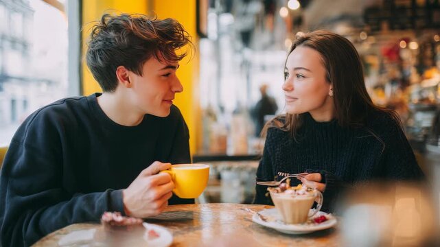 Happy young man and woman sitting at a stylish cafe table, drinking coffee and connecting over dessert. The bright, contemporary setting highlights friendship, romance, and city vibes