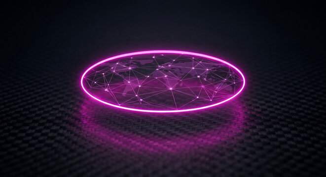 Futuristic neon pink world map hologram, glowing digital global network on carbon fiber surface, cyber security and big data technology concept