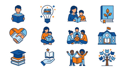 Fototapeta premium Education and library learning linear icon collection.