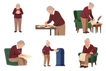 Fototapeta premium Elderly woman writing and sending traditional letters and scrolls, flat vector illustration character set isolated on white background