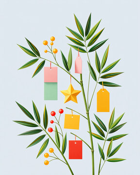Bamboo Branch with Hanging Tanzaku Tags and Origami Star