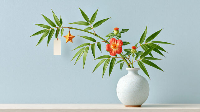 Tanzaku Paper Strip and Origami Star on Coral Background